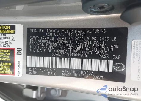 2021 Lexus Es 300H из США, поврежденный, VIN 58ADA1C10MU011978